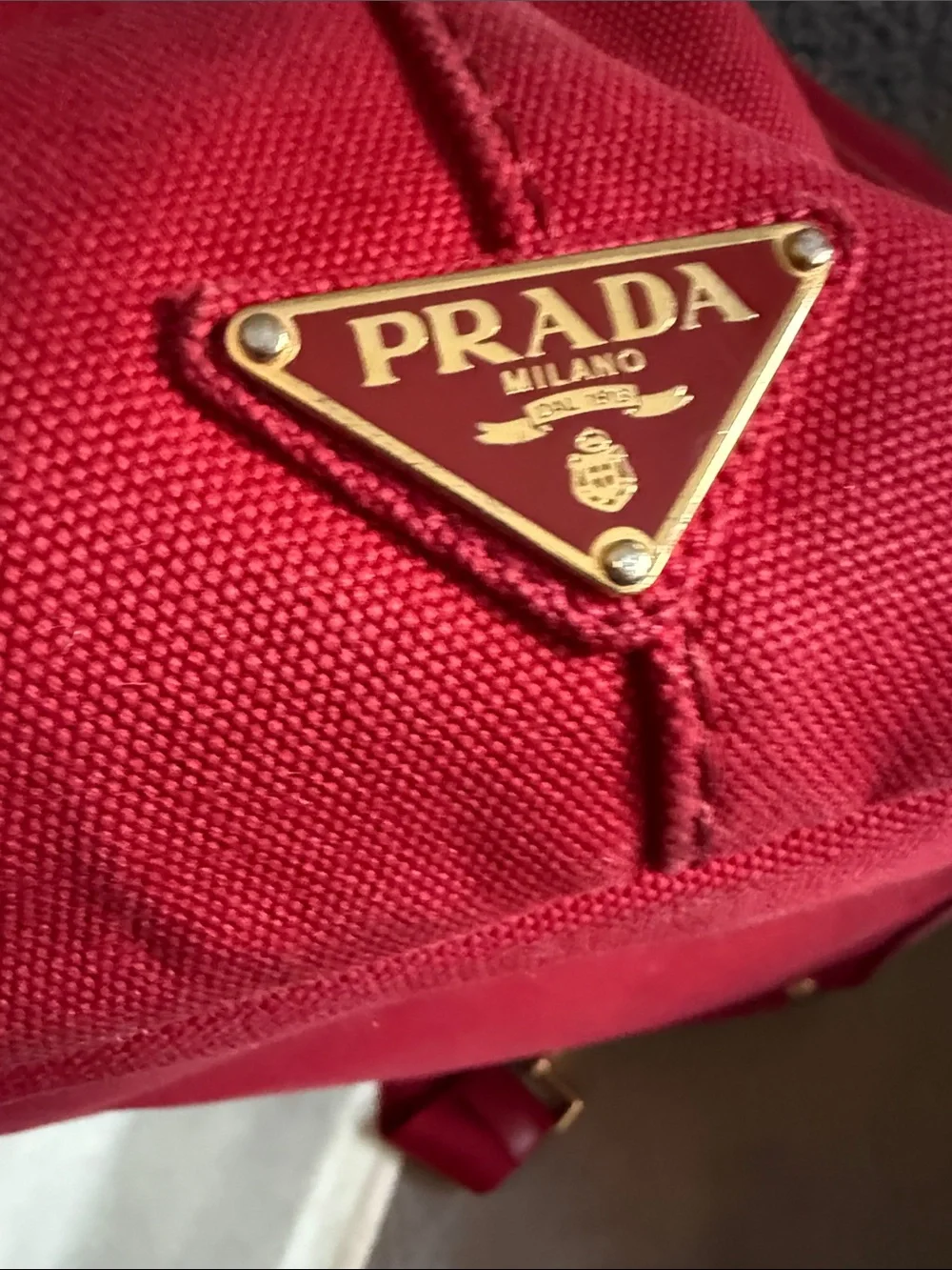 Prada Canapa Pink-Red Canvas Tote with Gold Hardware - Picture 8 of 16